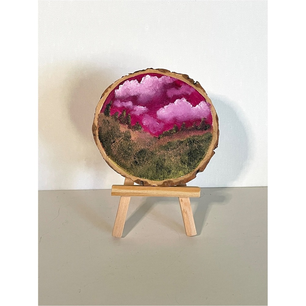 PINK SKY OVER THE MOUNTAINS Oil Painted Wood on Easel Art Decor